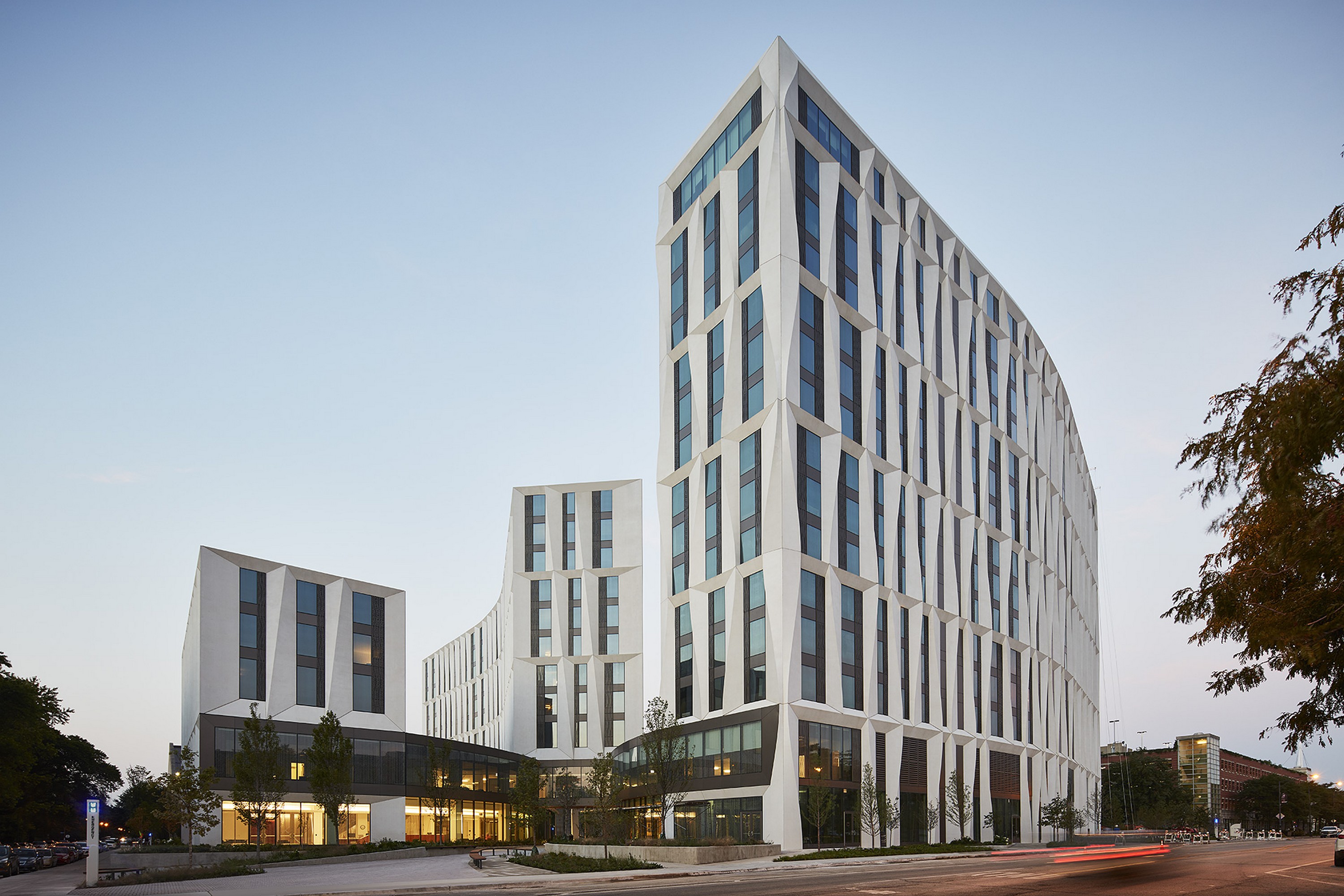 Modern university student housing building with contemporary glass facade in Chicago