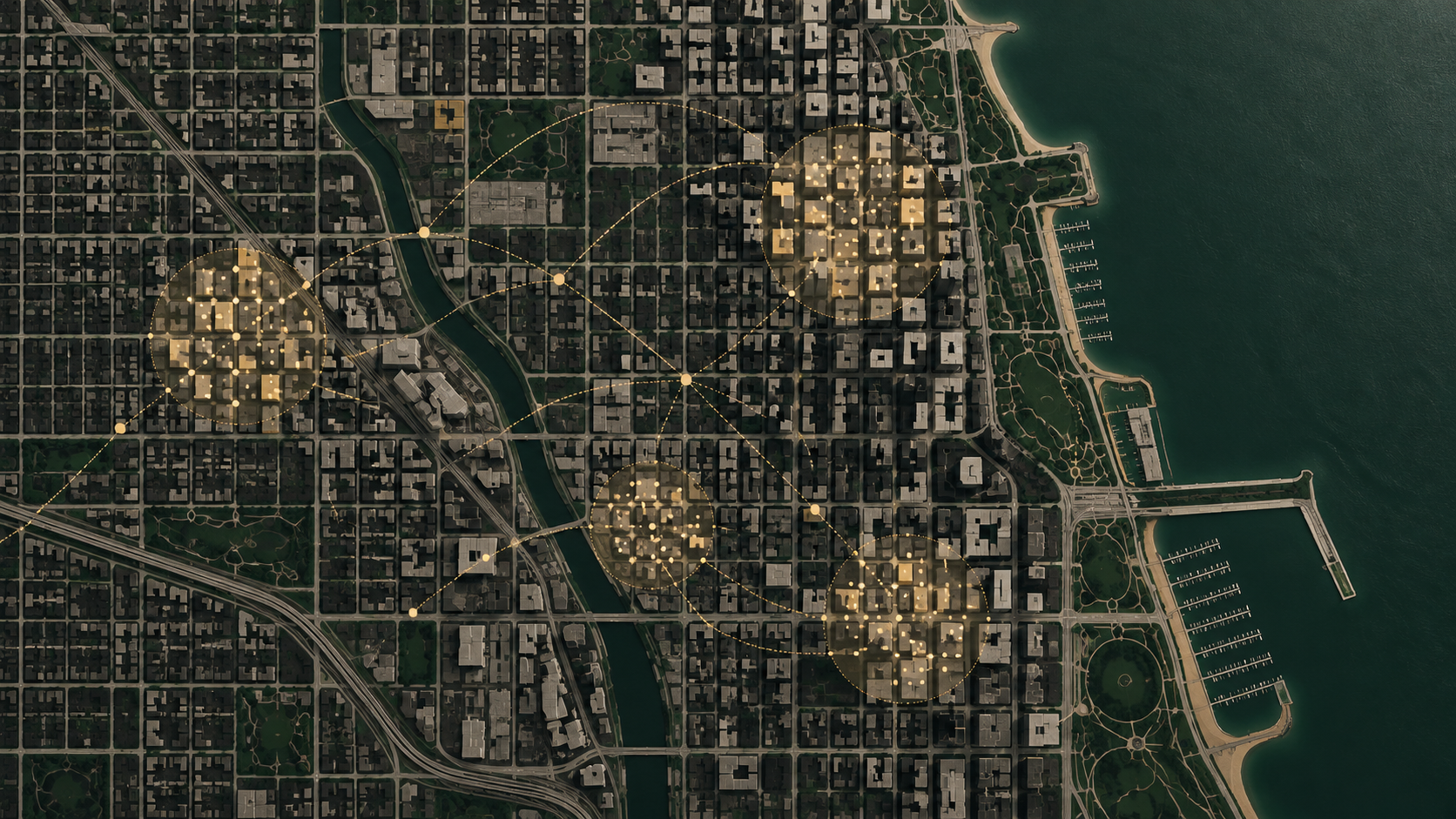 Abstract aerial view of a stylized Chicago urban grid with data-overlay dots and connection lines in forest green, charcoal, and gold, evoking geographic cluster analysis
