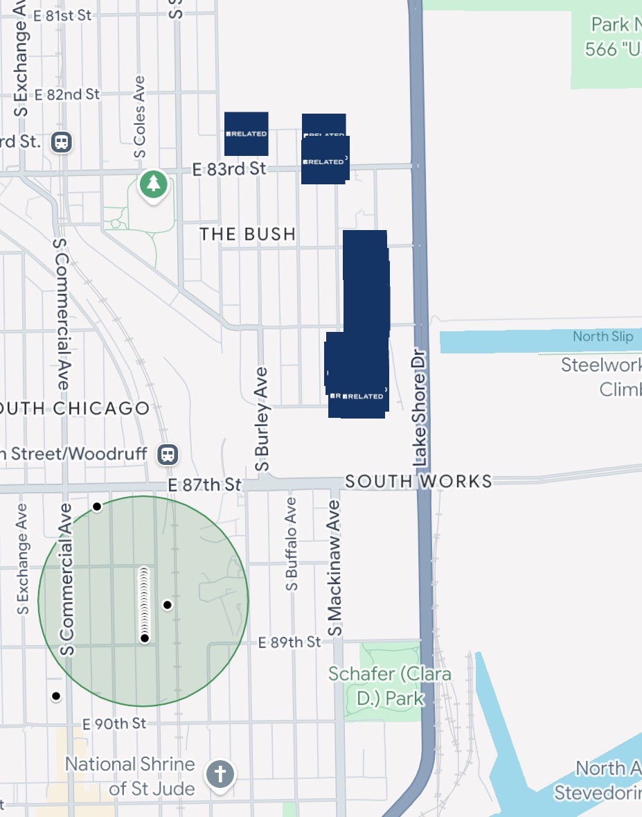 Map of the South Chicago and South Works area showing parcel clusters near major redevelopment areas
