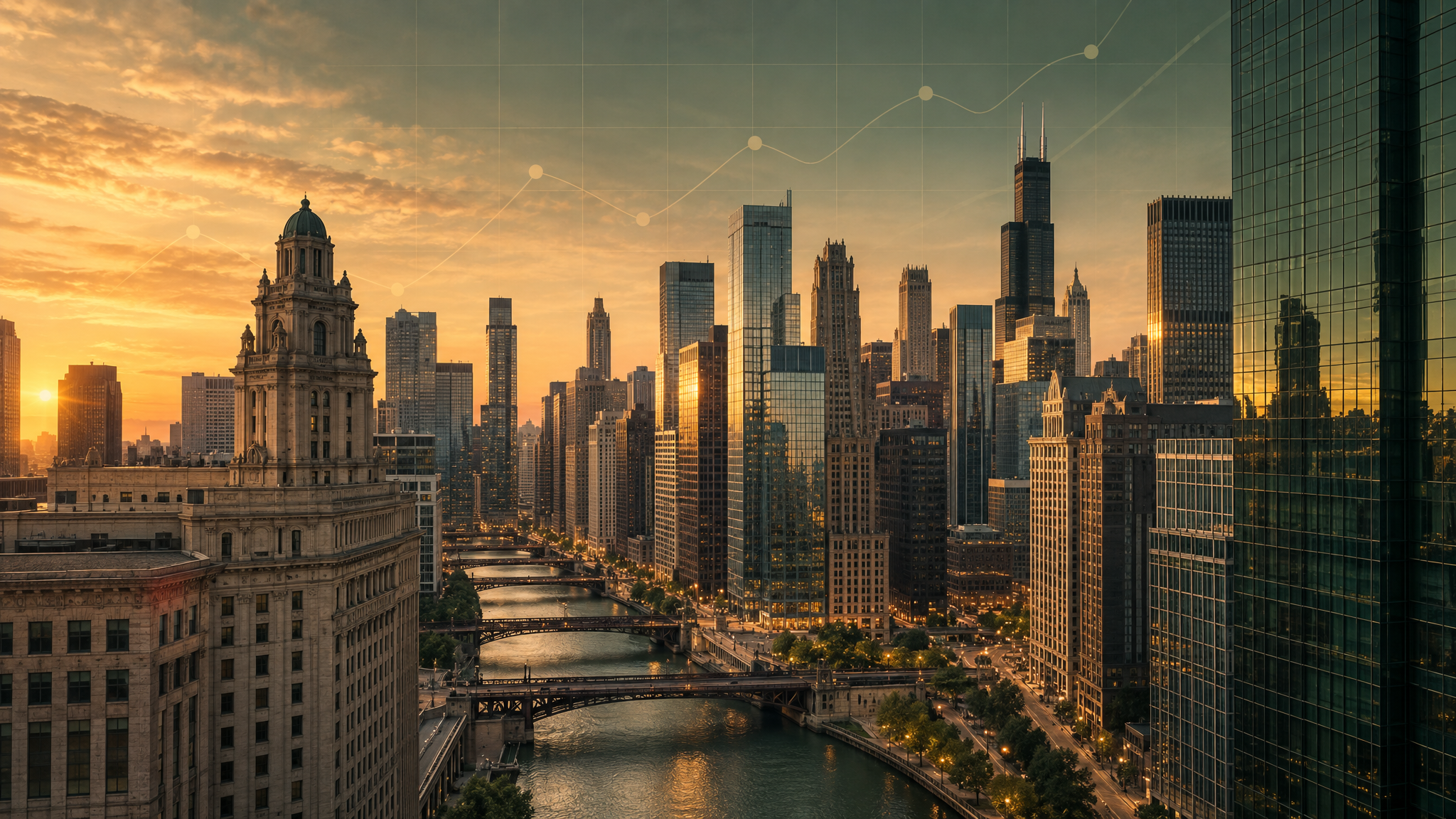 Chicago skyline at golden hour representing data-driven commercial real estate advisory